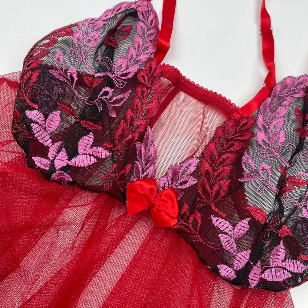 Y2K Sheer‎ Babydoll Lingerie Top in Red Floral Bows Mesh Women's Small Valentine